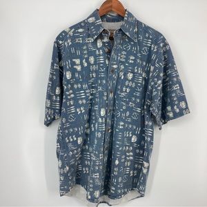 Woolrich Mens Sz M Short Sleeve Button Down Shirt Denim Fish Outdoor Print Blue